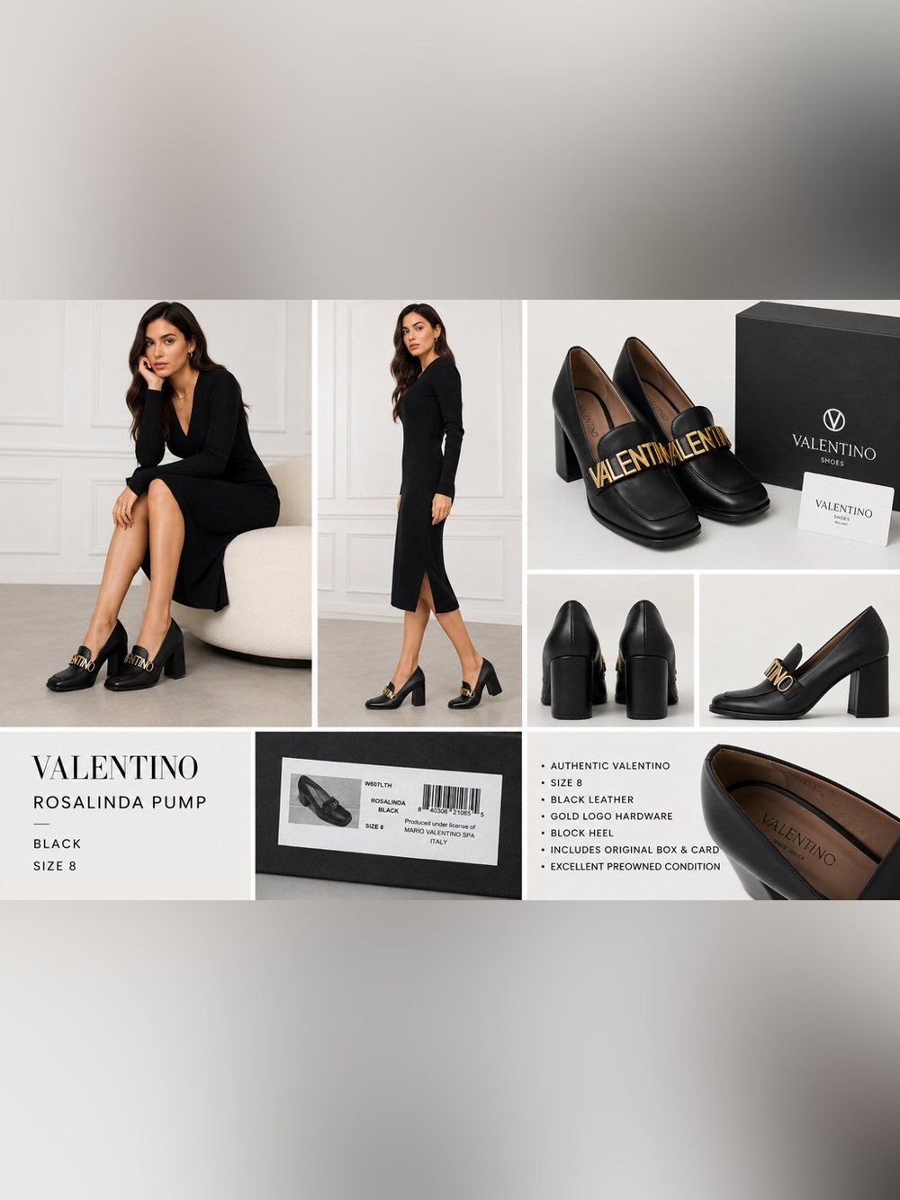Authentic Valentino Rosalinda Black Logo Block Heel Pumps Size 8